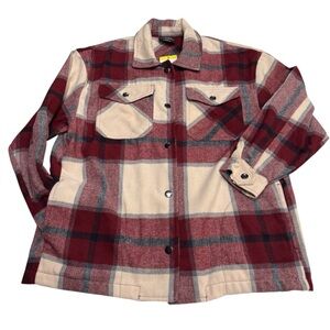 HFX Women's Plaid Flannel Shirt Jacket Red Cream Wool Blend Snap Front Sz S Cozy